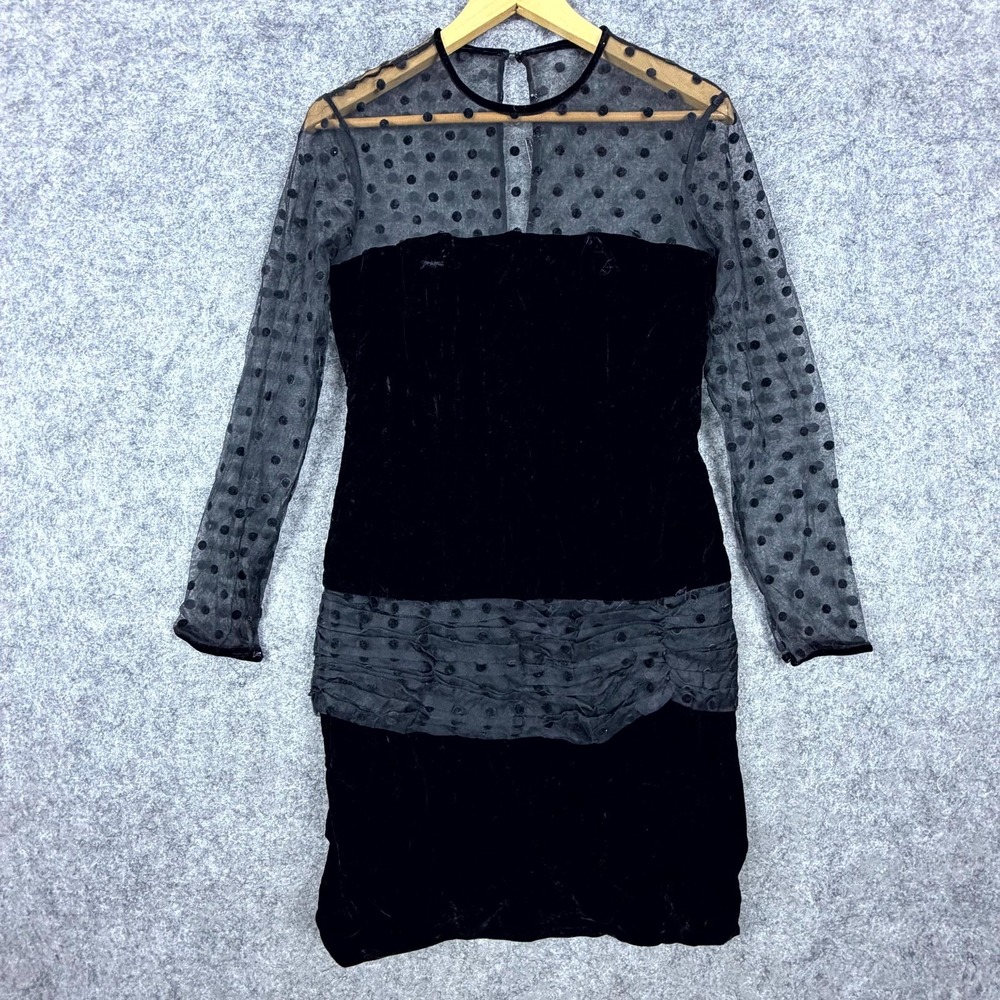 Vintage Nipon Night Velvet Cocktail Dress Womens8 Black LBD Sheer Polka Dot Goth